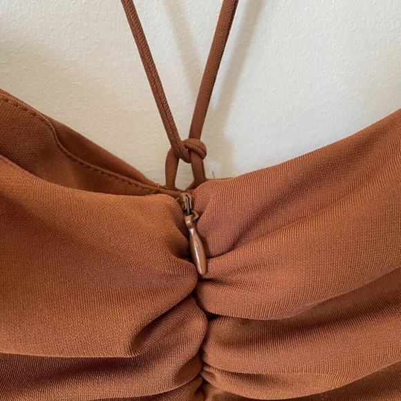 Zara Ruched Cut Out Halter Tie Mini Dress Brown Size Medium - Picture 9 of 11